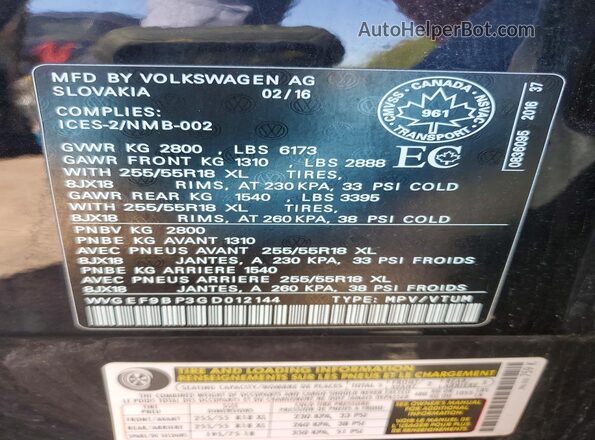 WVGEF9BP3GD012144 2016 VOLKSWAGEN TOUAREG Black Widok naklejki z numerem VIN