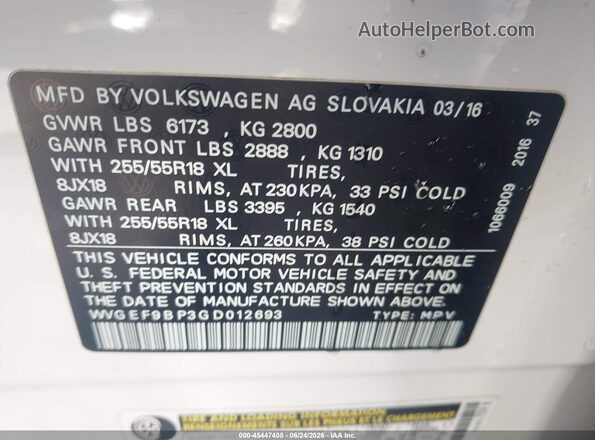 WVGEF9BP3GD012693 2016 VOLKSWAGEN TOUAREG White Вид підкапотного простору