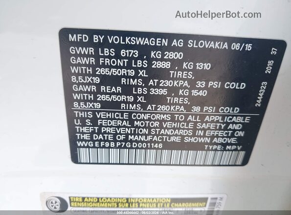 WVGEF9BP7GD001146 2016 VOLKSWAGEN TOUAREG White Շարժիչի բաժամունքի տեսք