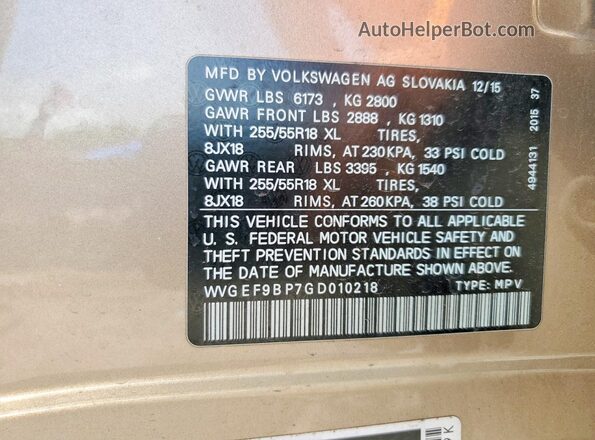 WVGEF9BP7GD010218 2016 VOLKSWAGEN TOUAREG Желто-коричневый 