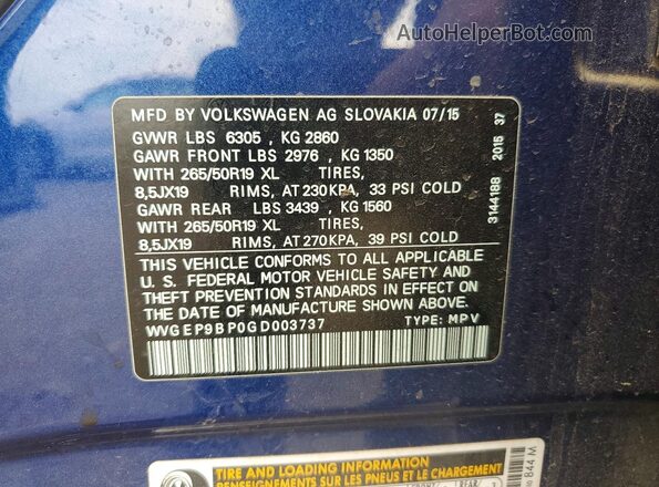 WVGEP9BP0GD003737 2016 VOLKSWAGEN TOUAREG Blue VIN sticker view