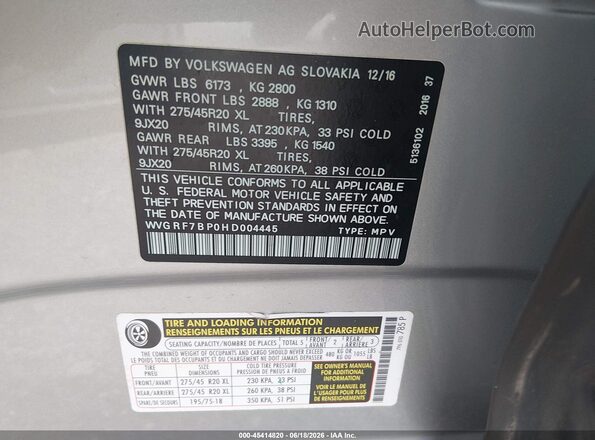 WVGRF7BP0HD004445 2017 VOLKSWAGEN TOUAREG Серый Вид подкапотного пространства