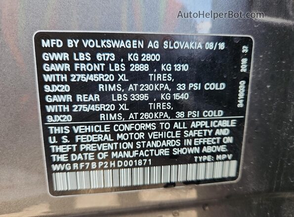 WVGRF7BP2HD001871 2017 VOLKSWAGEN TOUAREG Gray VIN sticker view