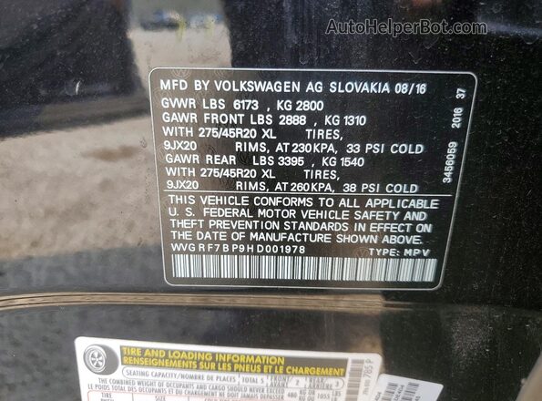 WVGRF7BP9HD001978 2017 VOLKSWAGEN TOUAREG Black Вид наклейки з VIN-кодом