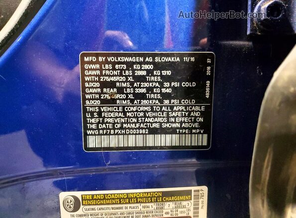 WVGRF7BPXHD003982 2017 VOLKSWAGEN TOUAREG Blue Vista de la etiqueta del VIN
