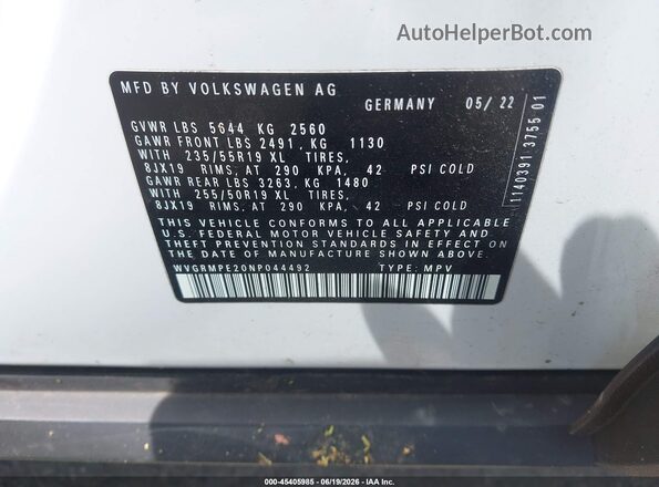 WVGRMPE20NP044492 2022 VOLKSWAGEN ID.4 White Вид підкапотного простору