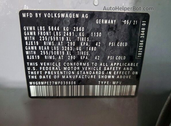 WVGRMPE27MP039806 2021 VOLKSWAGEN ID.4 Серый Вид наклейки с VIN-кодом