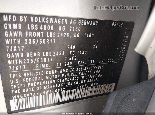 WVGRV7AX8HW500912 2017 VOLKSWAGEN TIGUAN Gray Շարժիչի բաժամունքի տեսք