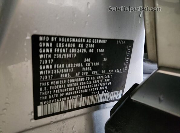 WVGRV7AX8HW508024 2017 VOLKSWAGEN TIGUAN Silver VIN կոդի պիտակի տեսք