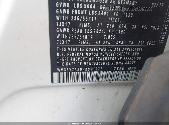 WVGSV7AX0HK031372 2017 VOLKSWAGEN TIGUAN White Շարժիչի բաժամունքի տեսք