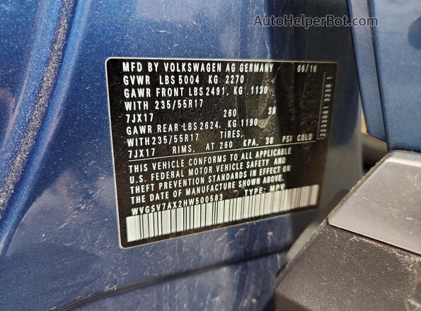 WVGSV7AX2HW500583 2017 VOLKSWAGEN TIGUAN Синий Вид наклейки с VIN-кодом