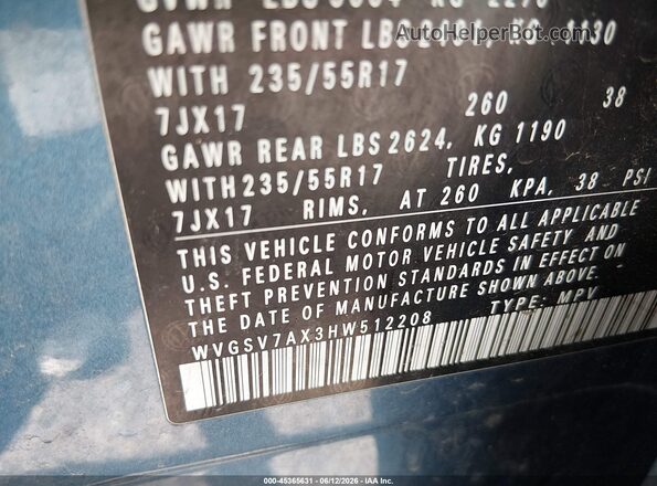 WVGSV7AX3HW512208 2017 VOLKSWAGEN TIGUAN Blue ძრავის განყოფილების ხედი