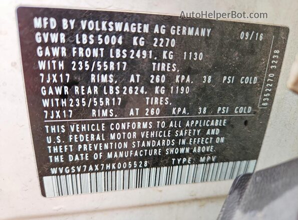 WVGSV7AX7HK005528 2017 VOLKSWAGEN TIGUAN White VIN კოდის სტიკერის ხედი