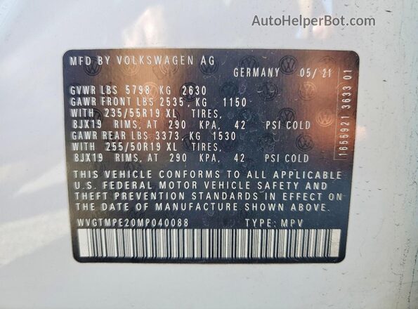 WVGTMPE20MP040088 2021 VOLKSWAGEN ID.4 Белый Вид наклейки с VIN-кодом