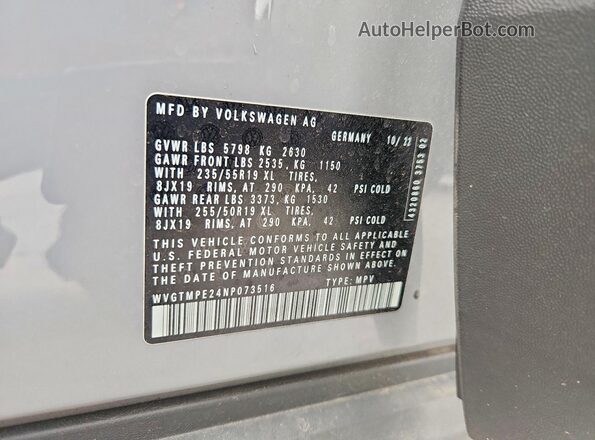 WVGTMPE24NP073516 2022 VOLKSWAGEN ID.4 Gray Widok wnętrza 360 stopni