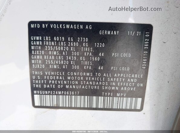 WVGUNPE24MP063617 2021 VOLKSWAGEN ID.4 White Widok komory silnika