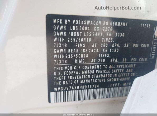WVGUV7AX0HK015794 2017 VOLKSWAGEN TIGUAN White ძრავის განყოფილების ხედი
