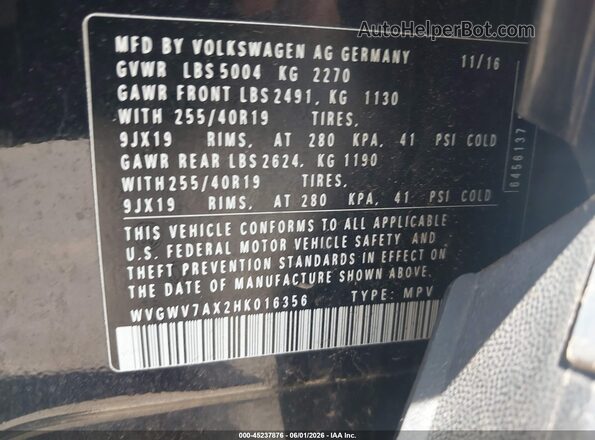 WVGWV7AX2HK016356 2017 VOLKSWAGEN TIGUAN Black Vista del compartimento del motor