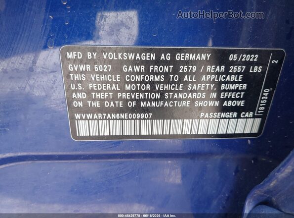WVWAR7AN6NE009907 2022 VOLKSWAGEN ARTEON Blue ძრავის განყოფილების ხედი