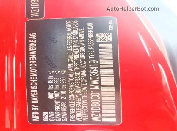 WZ1DB0C01MW036419 2021 TOYOTA SUPRA Red Widok naklejki z numerem VIN