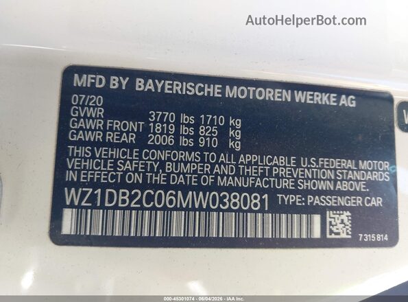 WZ1DB2C06MW038081 2021 TOYOTA GR SUPRA White Շարժիչի բաժամունքի տեսք