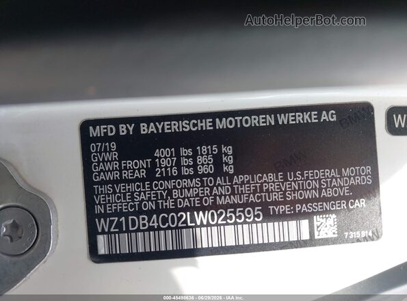 WZ1DB4C02LW025595 2020 TOYOTA GR SUPRA White Widok komory silnika