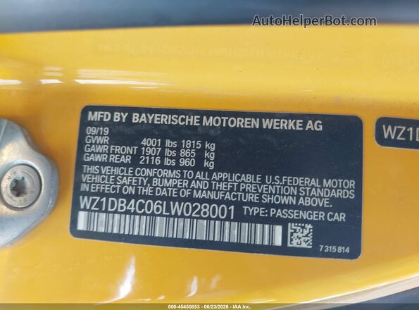 WZ1DB4C06LW028001 2020 TOYOTA GR SUPRA Yellow Շարժիչի բաժամունքի տեսք