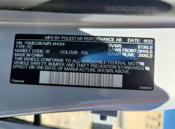 YSMED3KA8PL144314 2023 POLESTAR 2 Silver Vista de la etiqueta del VIN