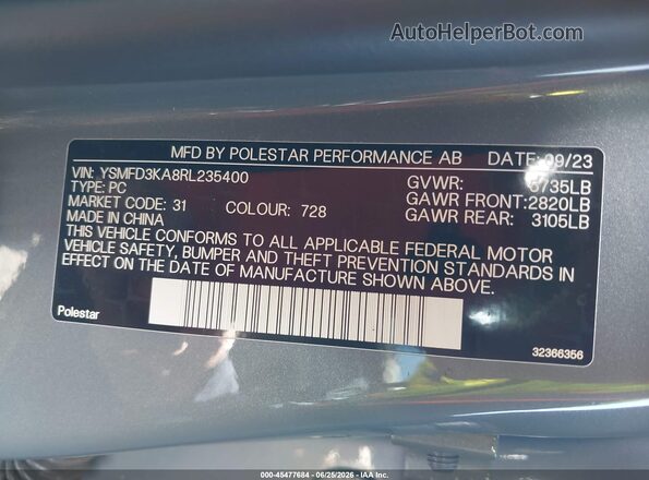 YSMFD3KA8RL235400 2024 POLESTAR 2 Gray Շարժիչի բաժամունքի տեսք
