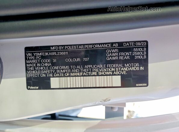 YSMFE3KA5RL236811 2024 POLESTAR 2 White Вид підкапотного простору