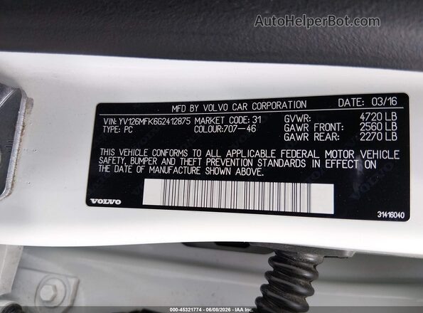 YV126MFK6G2412875 2016 VOLVO S60 Белый Вид подкапотного пространства