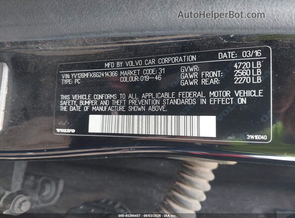 YV126MFK6G2414366 2016 VOLVO S60 Black Widok komory silnika