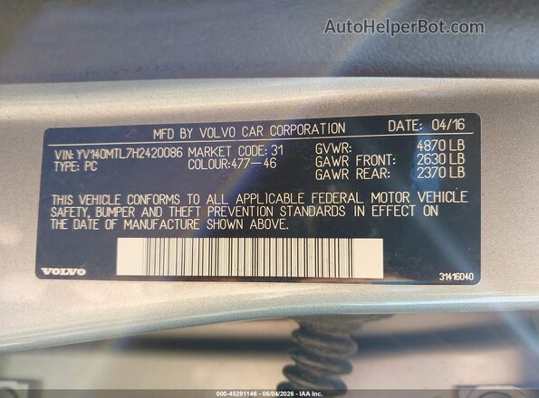YV140MTL7H2420086 2017 VOLVO S60 Silver 