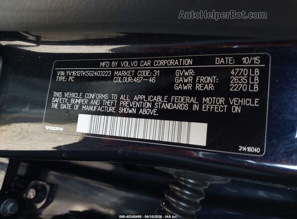 YV1612TK5G2403223 2016 VOLVO S60 Dark Blue 