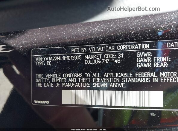 YV1A22ML1H1013905 2017 VOLVO S90 Black Вид підкапотного простору