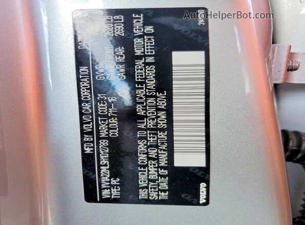 YV1A22ML9H1012789 2017 VOLVO S90 Silver Вид наклейки з VIN-кодом