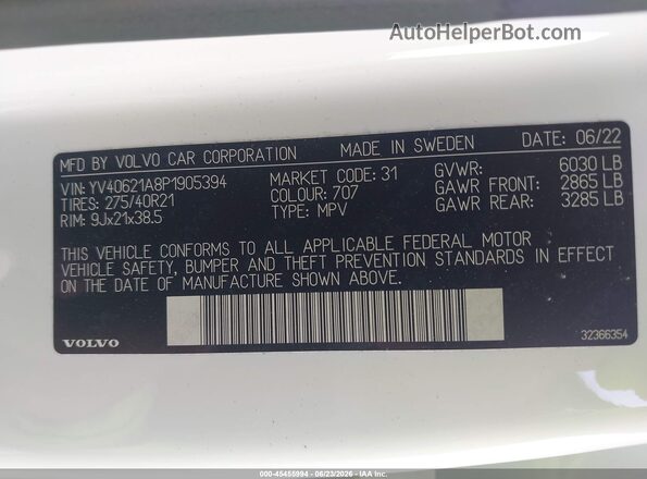 YV40621A8P1905394 2023 VOLVO XC90 Белый Вид подкапотного пространства