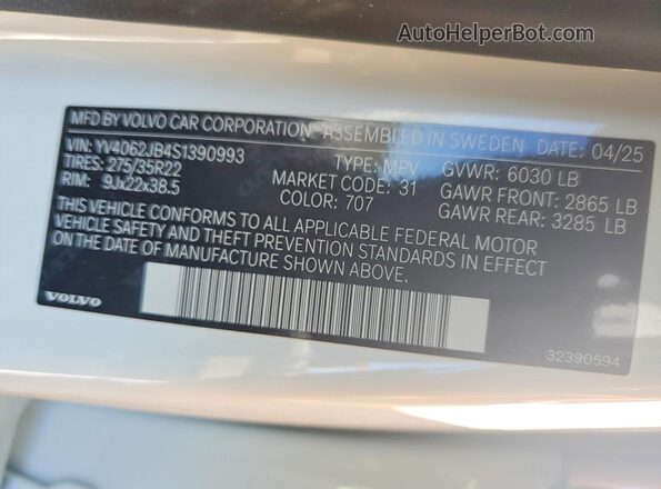 YV4062JB4S1390993 2025 VOLVO XC90 White Вид наклейки з VIN-кодом
