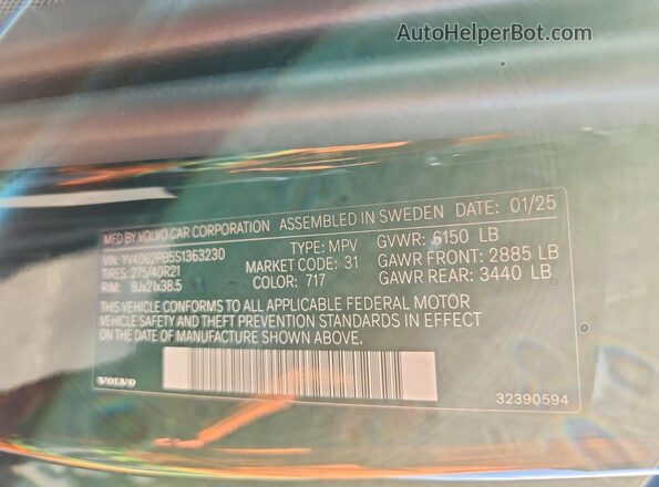 YV4062PB5S1363230 2025 VOLVO XC90 Black VIN sticker view