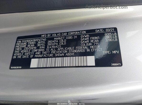 YV4102CK0M1747740 2021 VOLVO XC90 Серый Вид подкапотного пространства