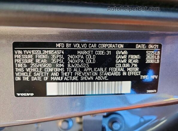YV4102DL2M1854974 2021 VOLVO XC60 Gray VIN sticker view
