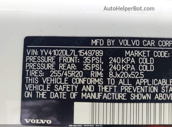 YV4102DL7L1549789 2020 VOLVO XC60 White Engine compartment view