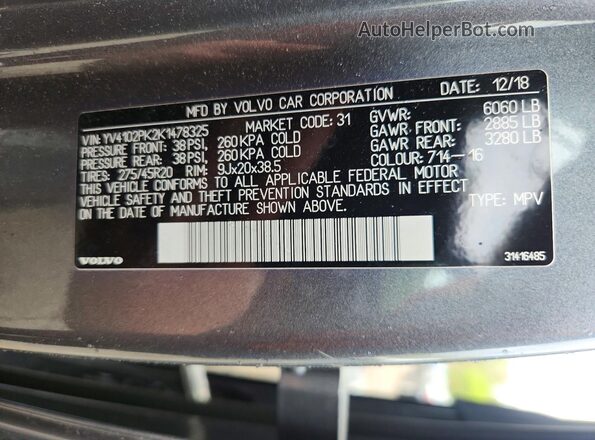 YV4102PK2K1478325 2019 VOLVO XC90 Gray Vista interior de 360 grados