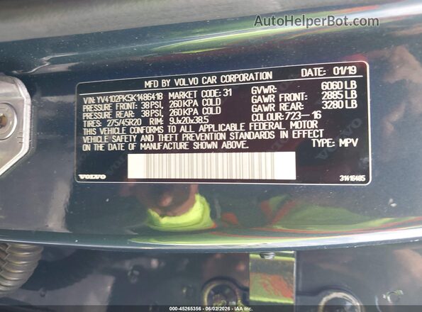 YV4102PK5K1486418 2019 VOLVO XC90 Blue Вид підкапотного простору
