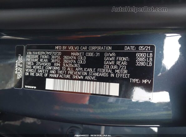 YV4102PK7M1770720 2021 VOLVO XC90 Light Blue Widok komory silnika