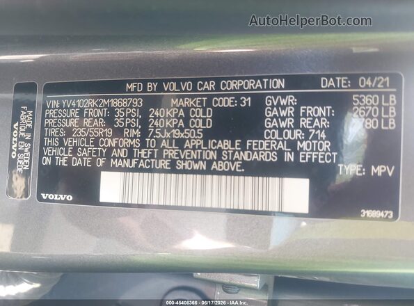 YV4102RK2M1868793 2021 VOLVO XC60 Gray Vista del compartimento del motor