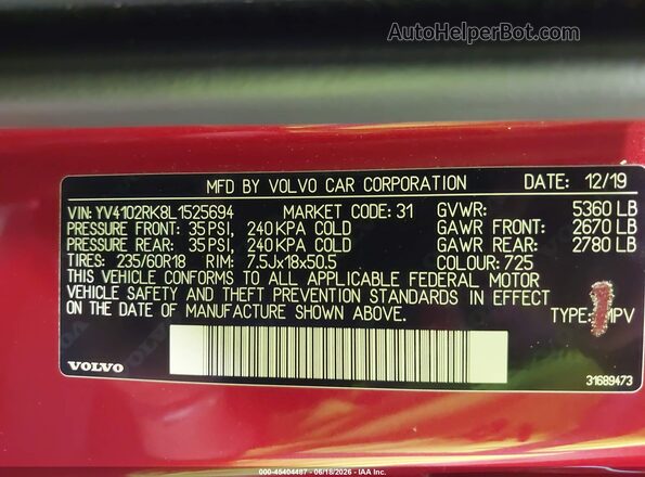 YV4102RK8L1525694 2020 VOLVO XC60 Red Engine compartment view