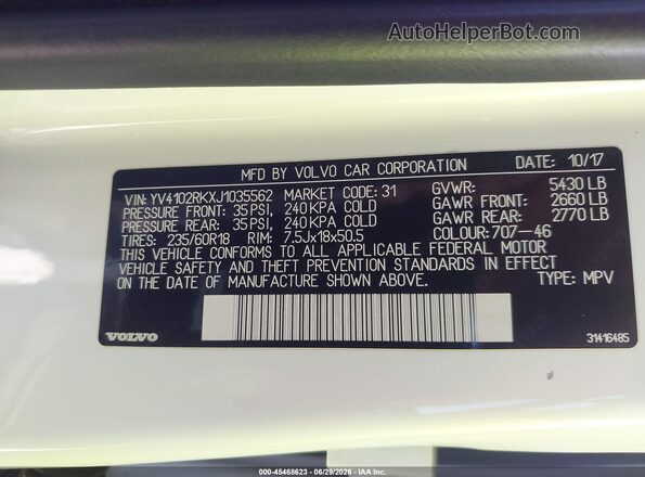 YV4102RKXJ1035562 2018 VOLVO XC60 White Engine compartment view