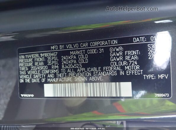 YV4102RL1M1809467 2021 VOLVO XC60 Black Widok komory silnika