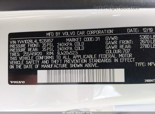 YV4102RL4L1535857 2020 VOLVO XC60 White Շարժիչի բաժամունքի տեսք
